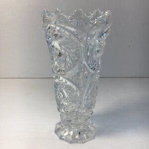 Clear Cut Glass Crystal Footed Vase Sawtooth Edge Swirled Star Design Vintage